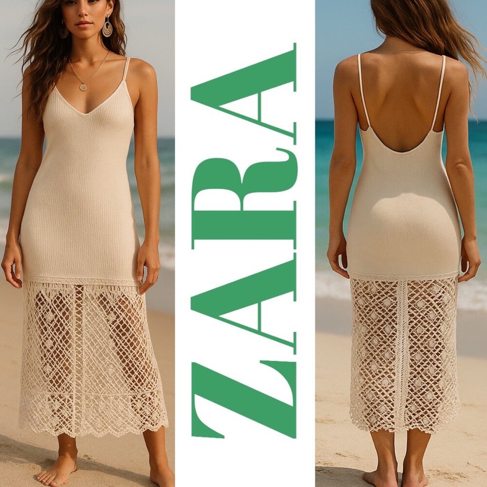 ZARA OPEN KNIT CROCHET‎ MIDI SLIP DRESS IVORY COASTAL RESORT BOHO MINIMALIST, L